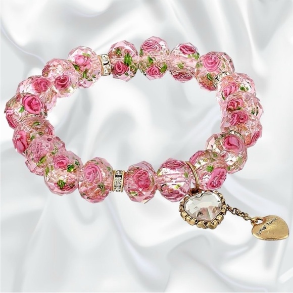BETSEY JOHNSON Pink Flower Beaded Stretch Bracelet - Picture 1 of 7